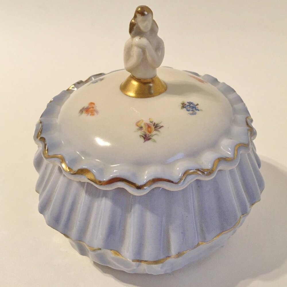 Rochelle Fine China Trinket Jewelry Box Blue Gold Trim Flowers Round Porcelain